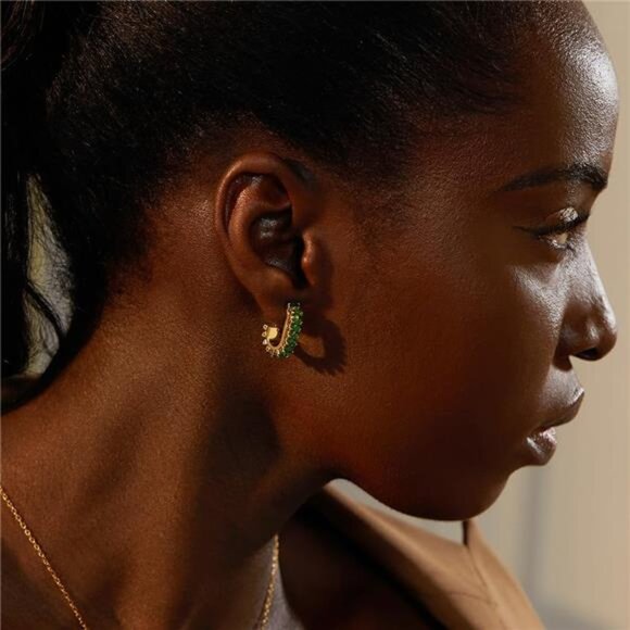 Gold hoop earrings green crystal huggie cubic zirconia dainty jewelry gift - Picture 5 of 7